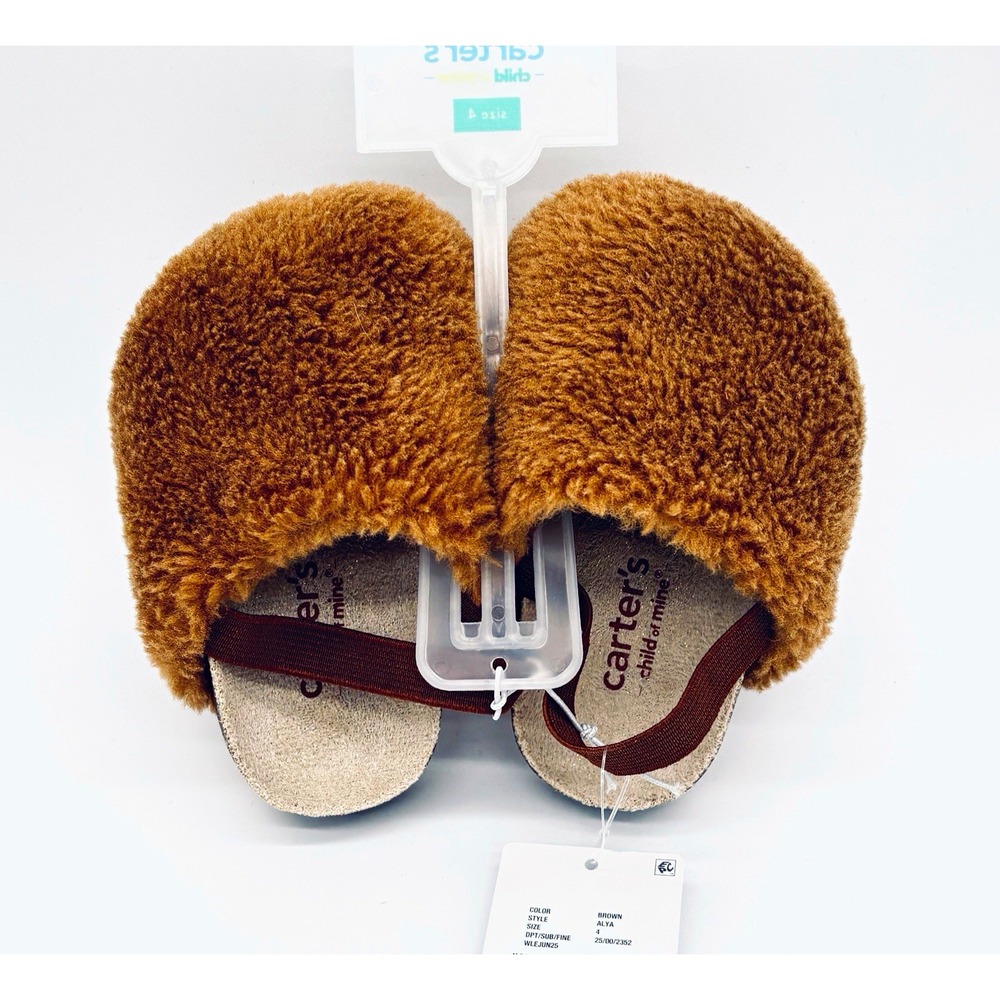 Carter's Child of Mine Brown Fur Trim Lined Slip-On Baby Slippers US 4